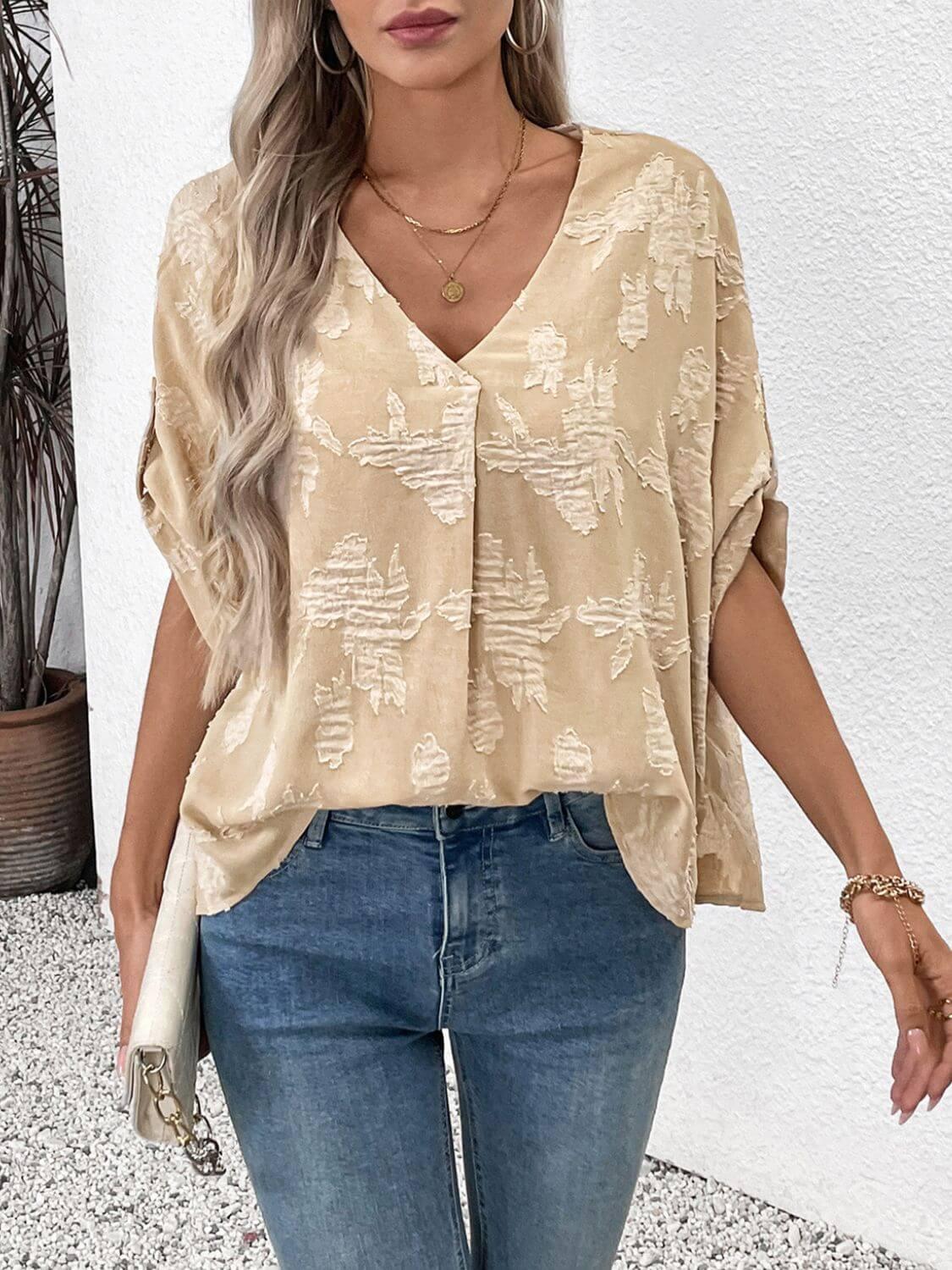 Perfee V-Neck Half Sleeve Blouse - Clothes For Her Online Store