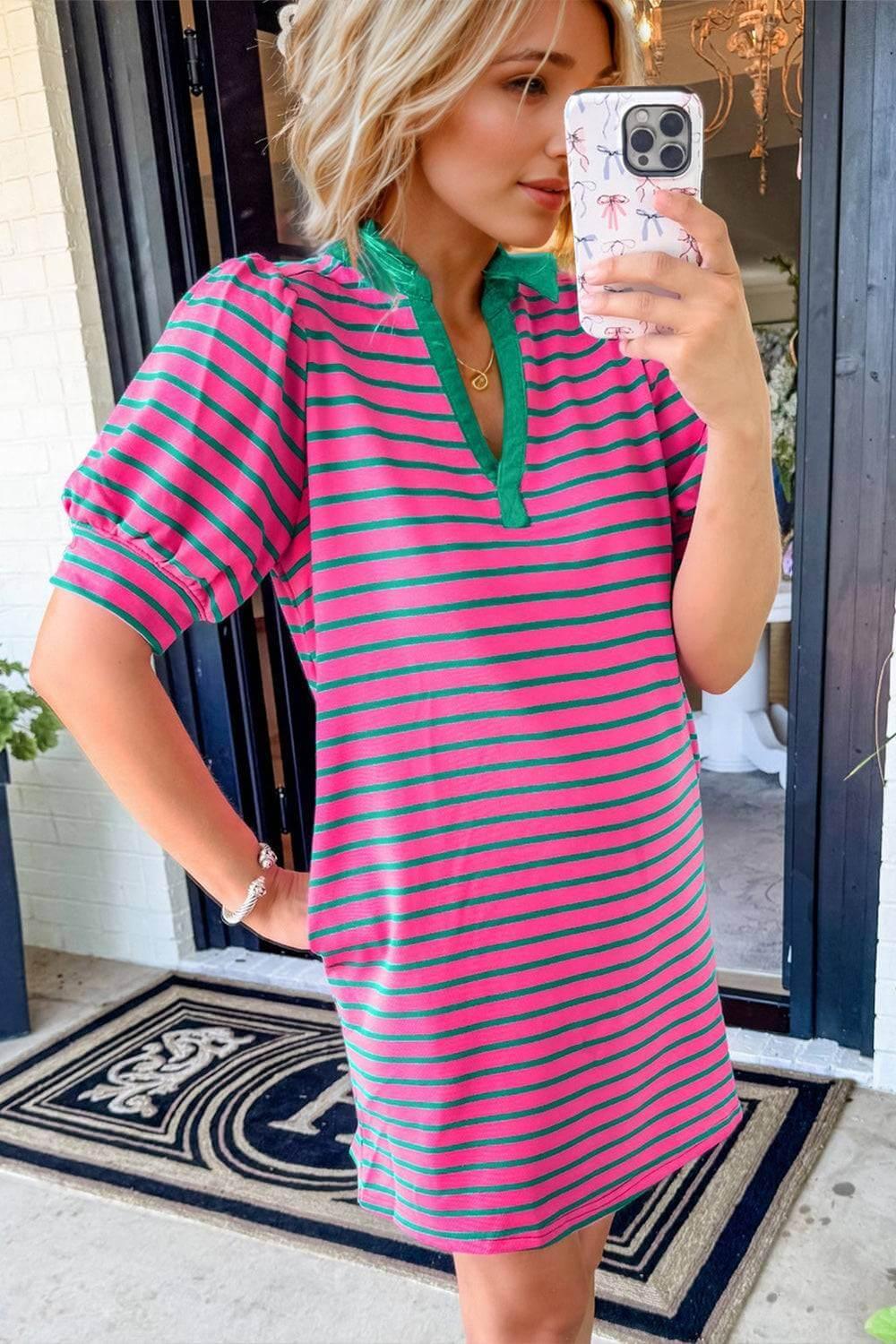 Oh Striped Johnny Collar Puff Sleeve Mini Tee Dress - Clothes For Her Online Store