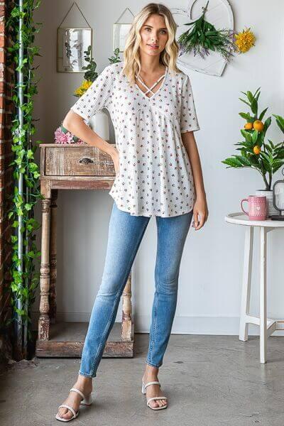 Heimish Full Size Crisscross Ditsy Floral Babydoll Top Plus Size - Clothes For Her Online Store