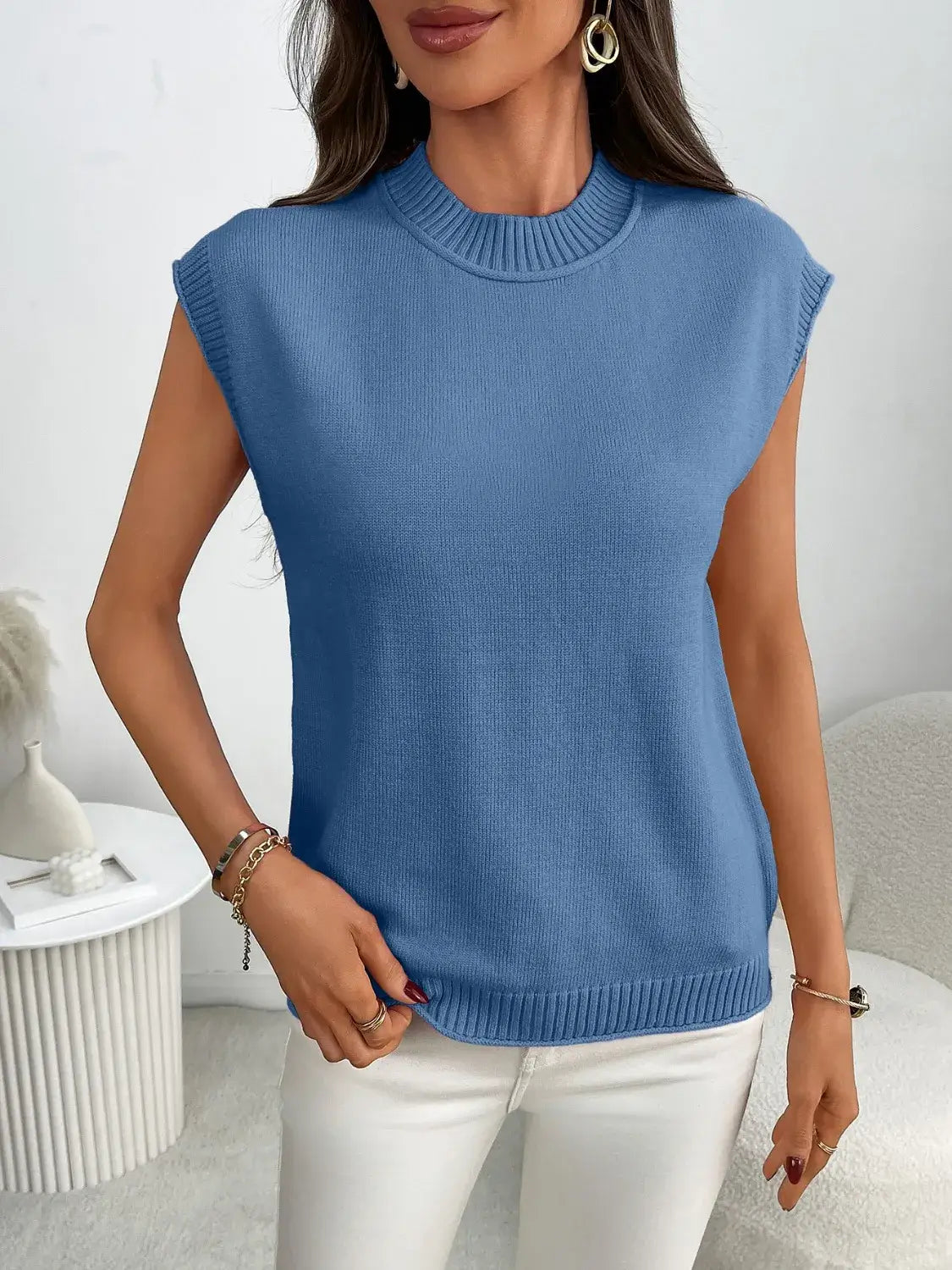 Mock Neck Cap Sleeve Knit Top