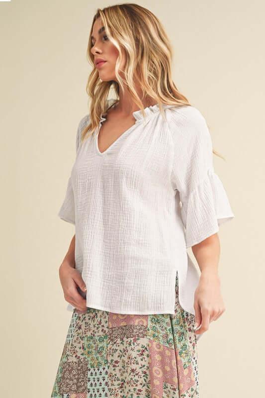Aemi + Co Side Slit Notched Ruffled Half Sleeve Blouse - Clothes For Her Online Store