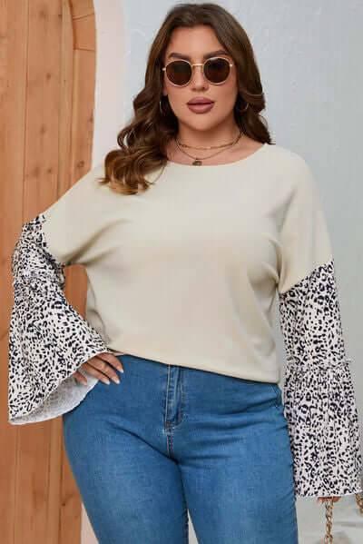Plus Size Leopard Round Neck Long Sleeve Top - Clothes For Her Online Store