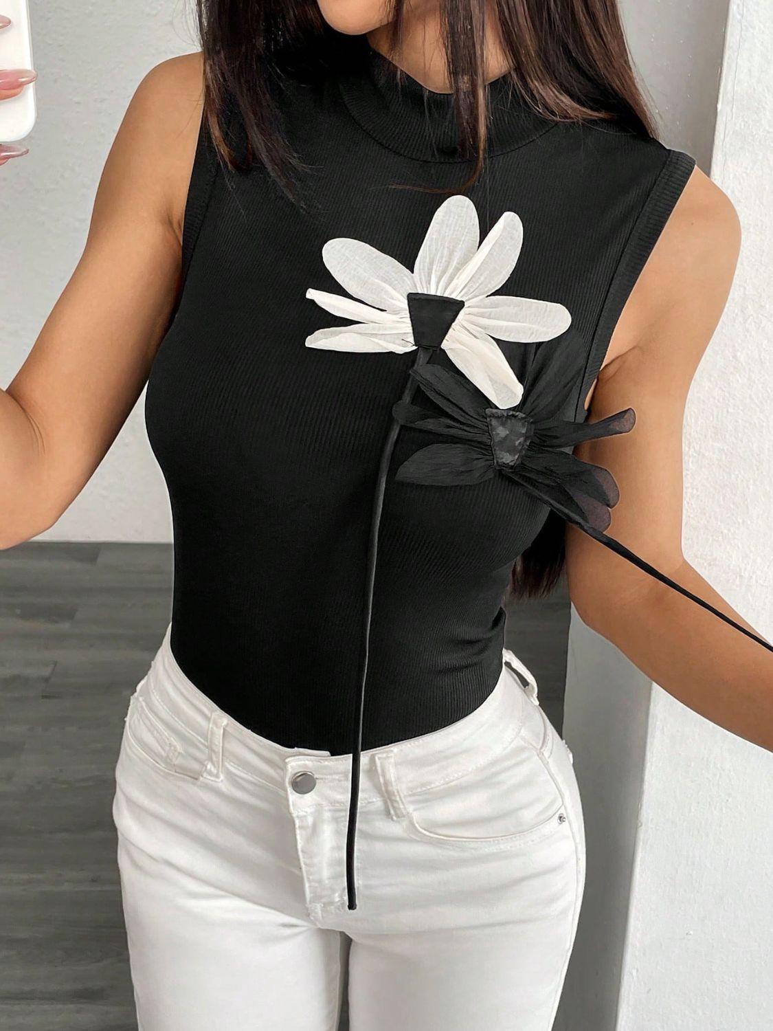 Flower Mock Neck Tank - Clothes For Her Online Store