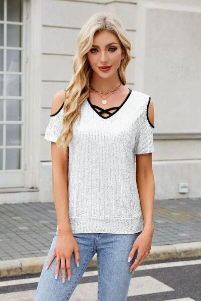 Sequin Crisscross V-Neck Cold Shoulder Blouse - Clothes For Her Online Store