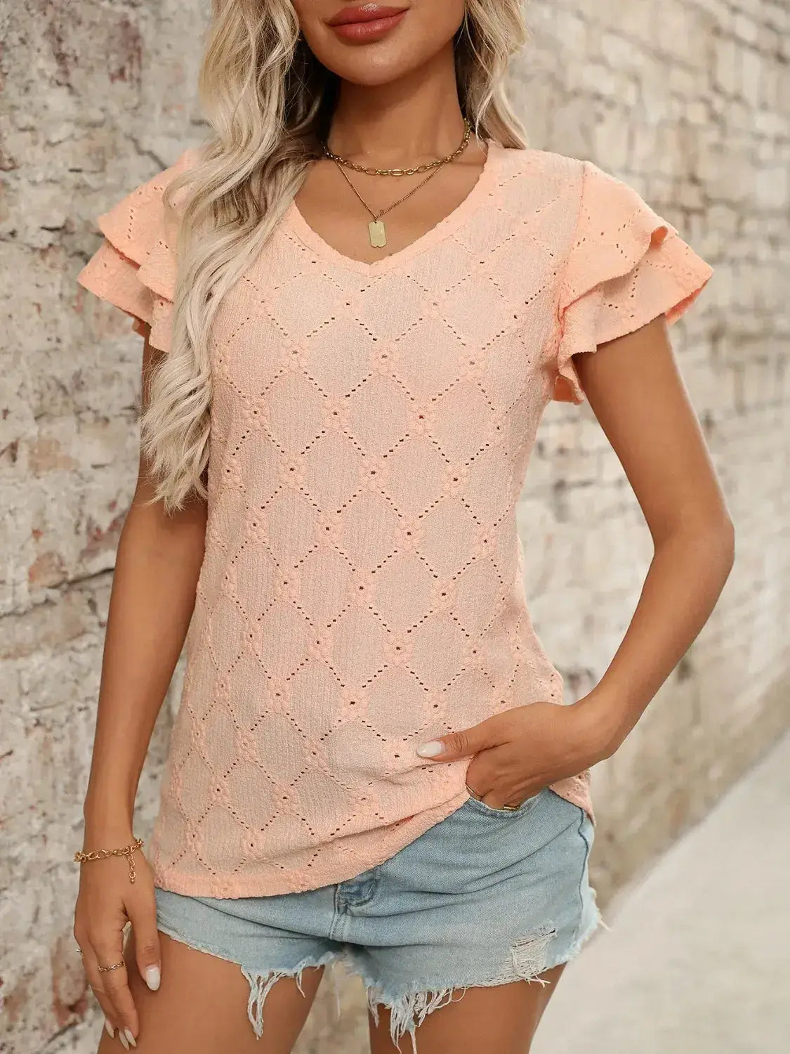 Eyelet V-Neck Ruffled Cap Sleeve Top - Clothes For Her Online Store