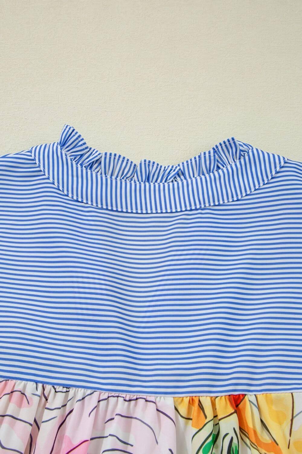 Floral Striped Yoke Frilled Tie Neck Puff Short Sleeve Blouse - Clothes For Her Online Store