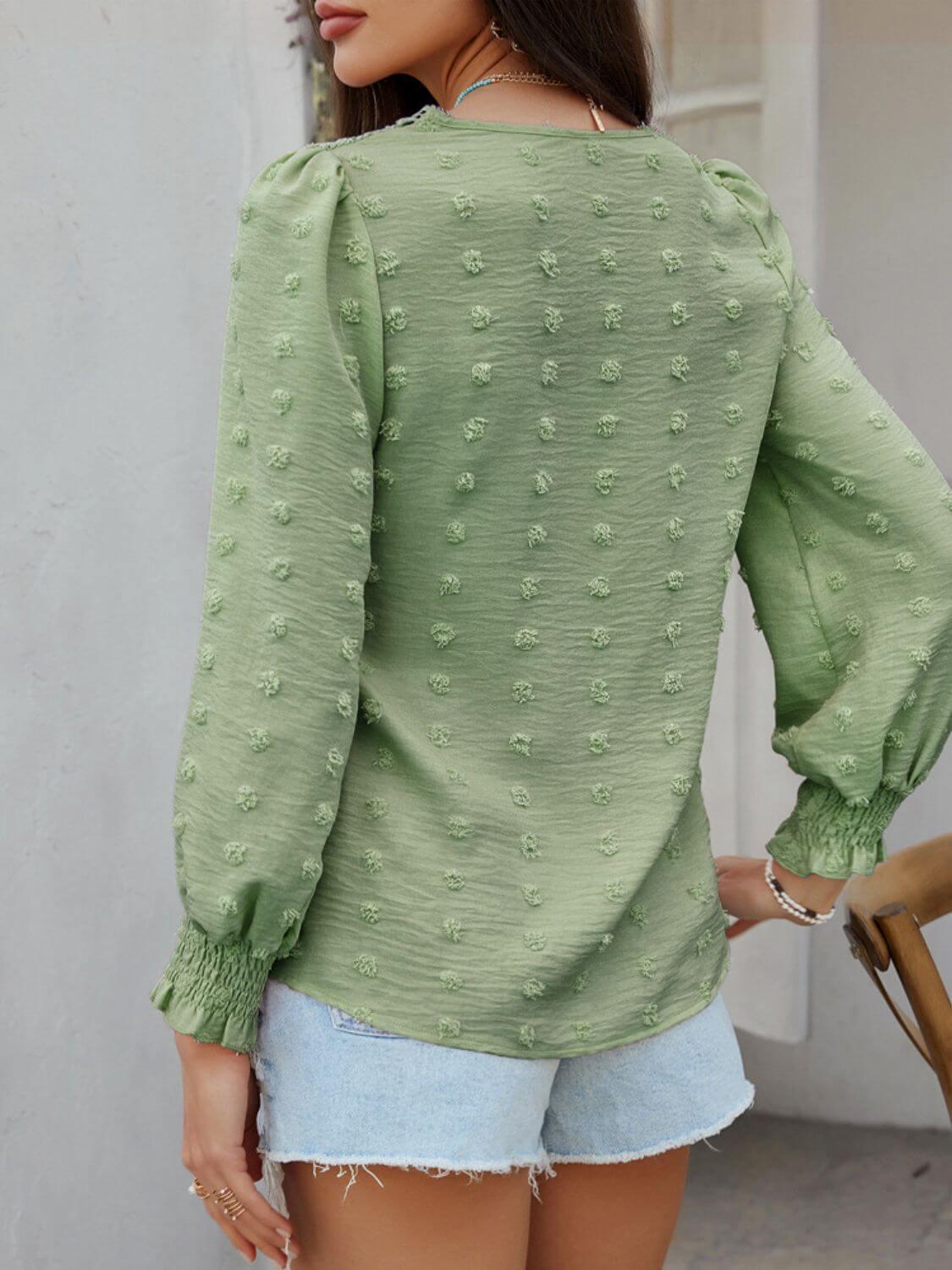 Devine Swiss Dot Lace Detail V-Neck Long Sleeve Blouse - Clothes For Her Online Store
