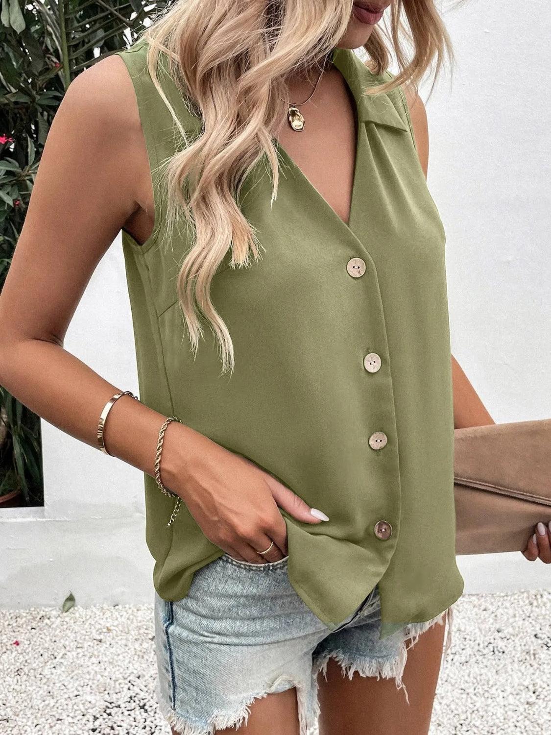 Johnny Collared Button Up Sleeveless Top - Clothes For Her Online Store