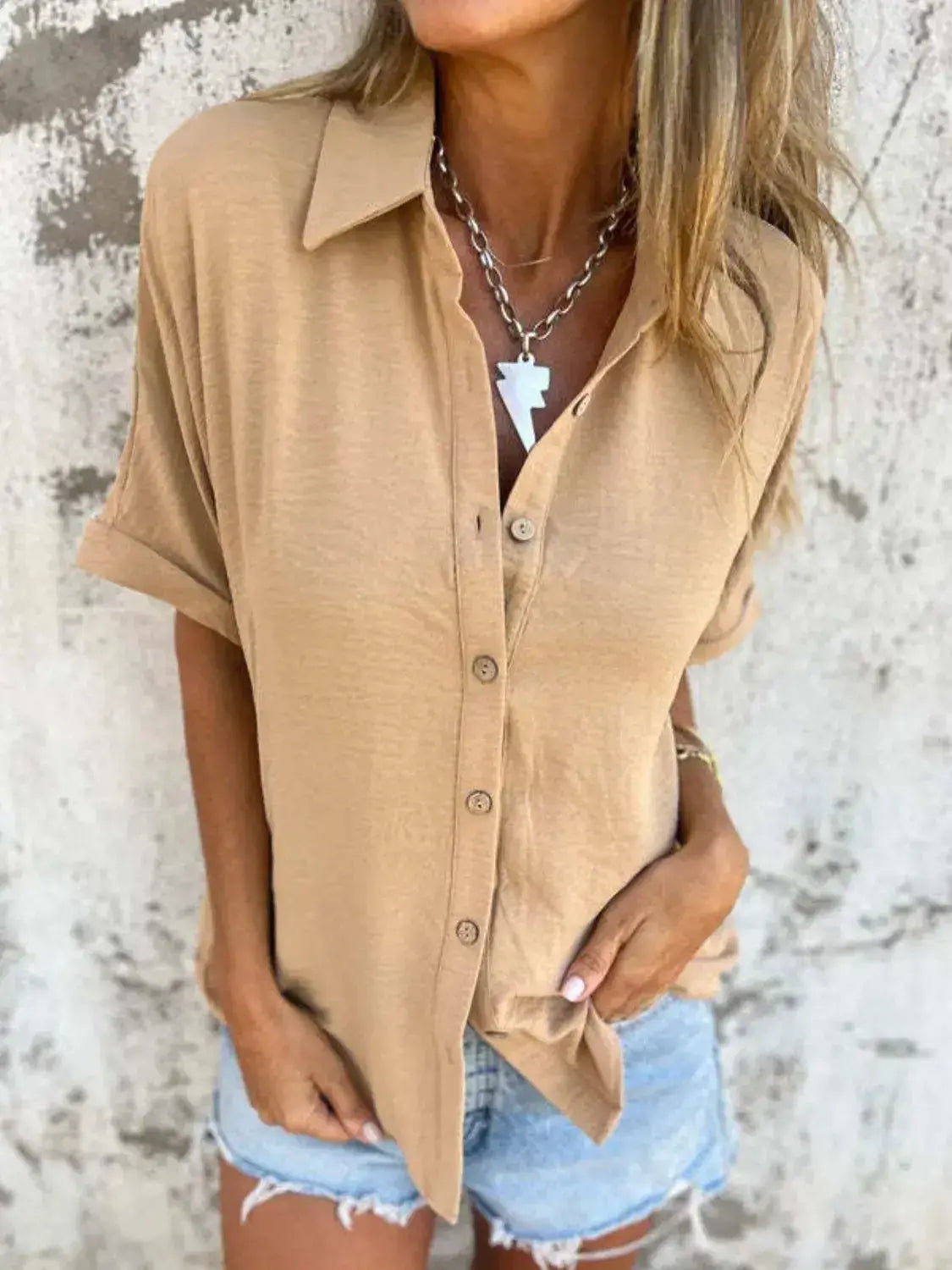 Full Size Collared Neck Half Sleeve Shirt Plus Size - Clothes For Her Online Store