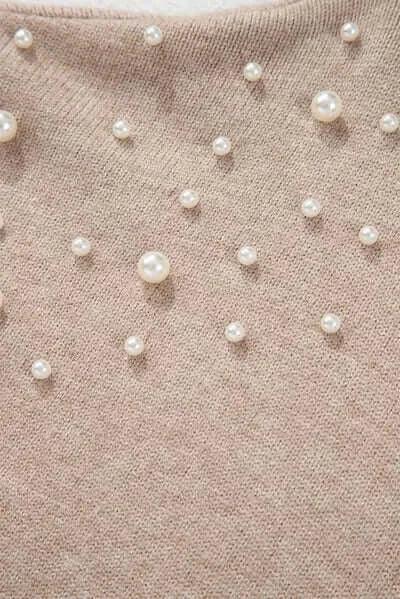 Plus Size Pearl Detail Round Neck Long Sleeve Sweater - Clothes For Her Online Store