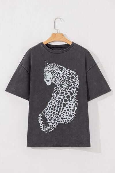 Cheetah Mineral Wash Round Neck Half Sleeve T-Shirt - Clothes For Her Online Store