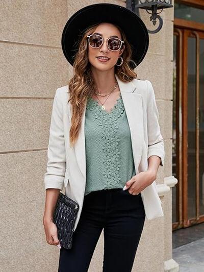 Lace Detail Eyelet V-Neck Flounce Sleeve Blouse - Clothes For Her Online Store