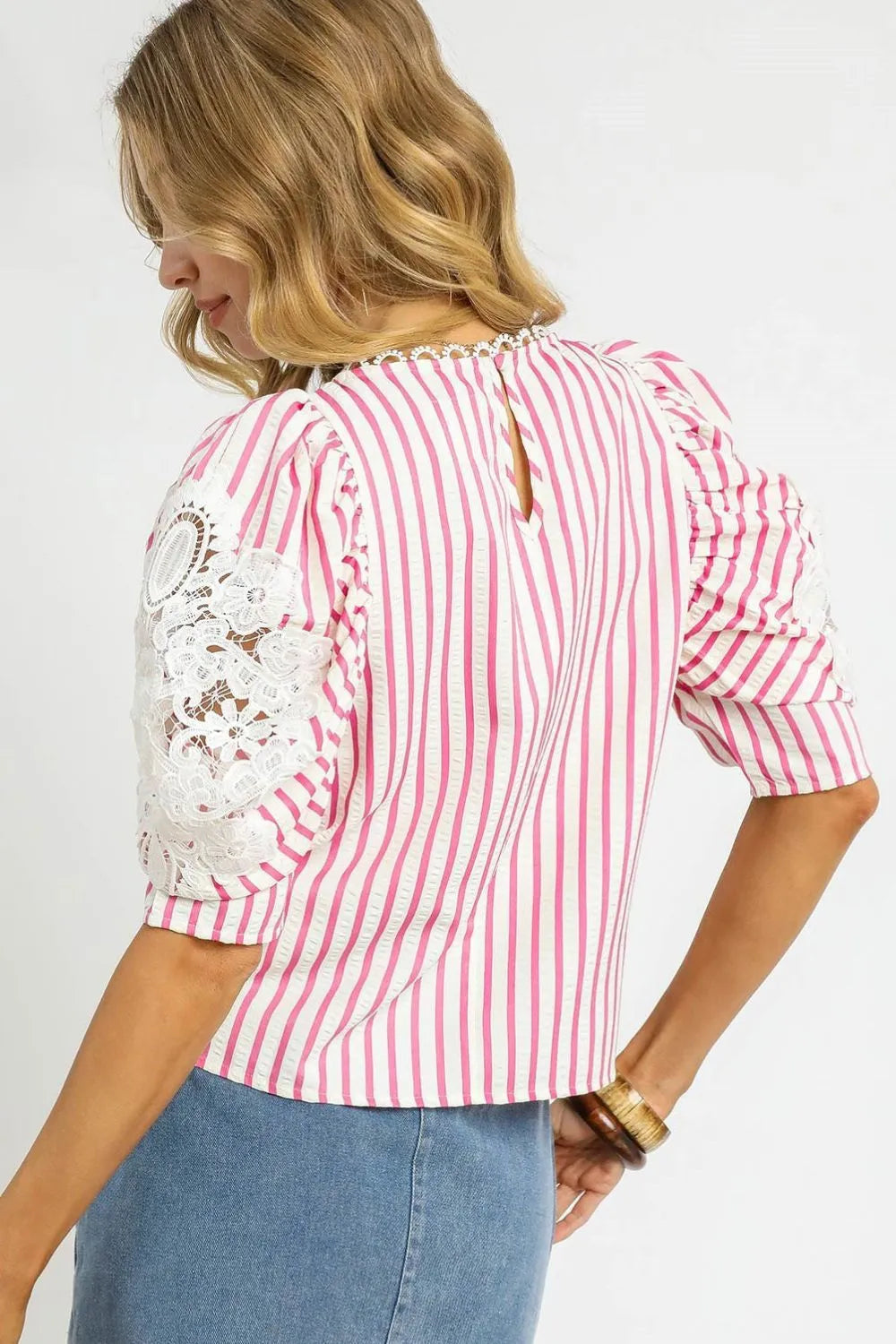 Umgee Striped Lace Puff Sleeve Blouse