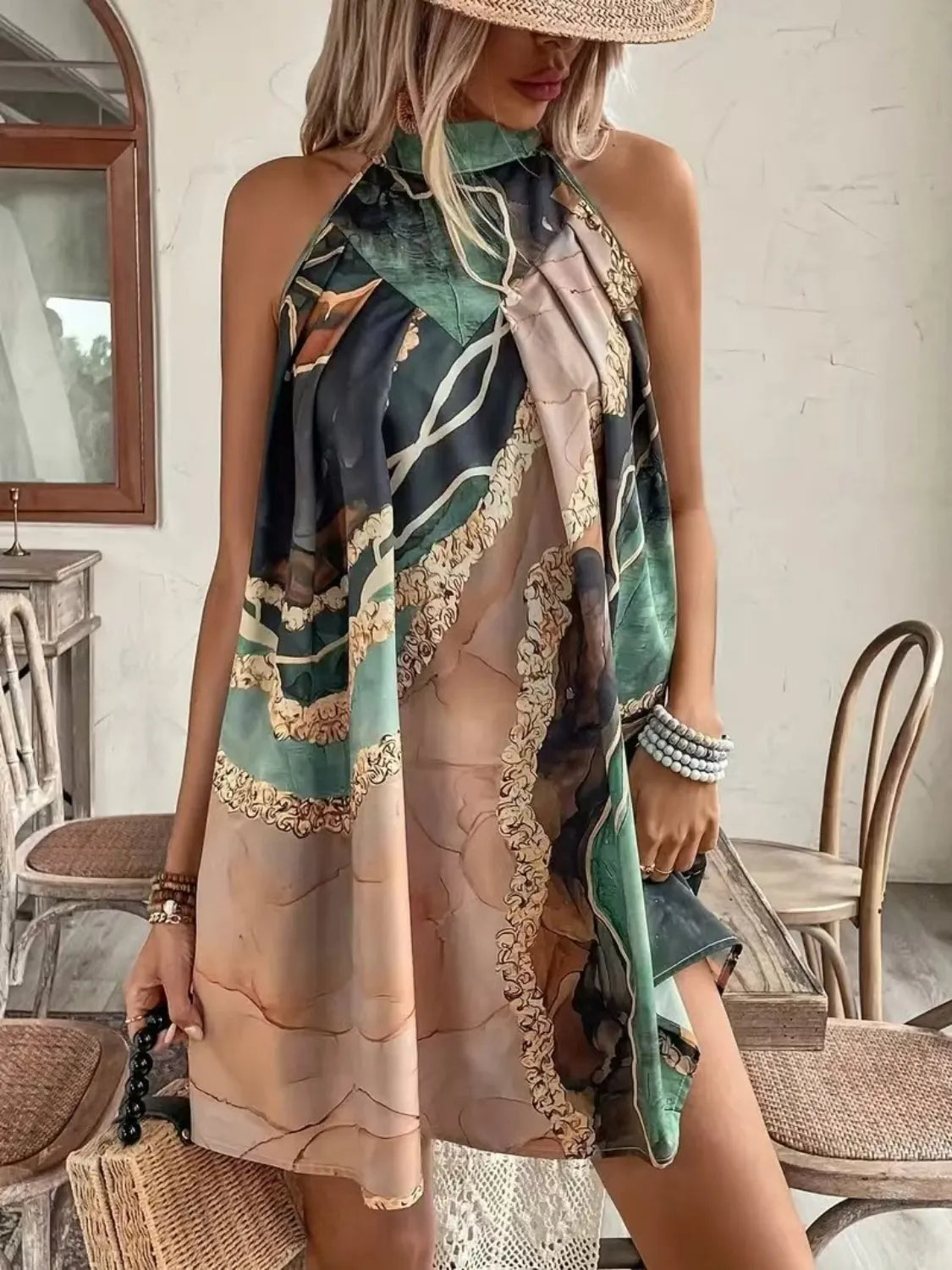 Tied Back Printed Sleeveless Dress
