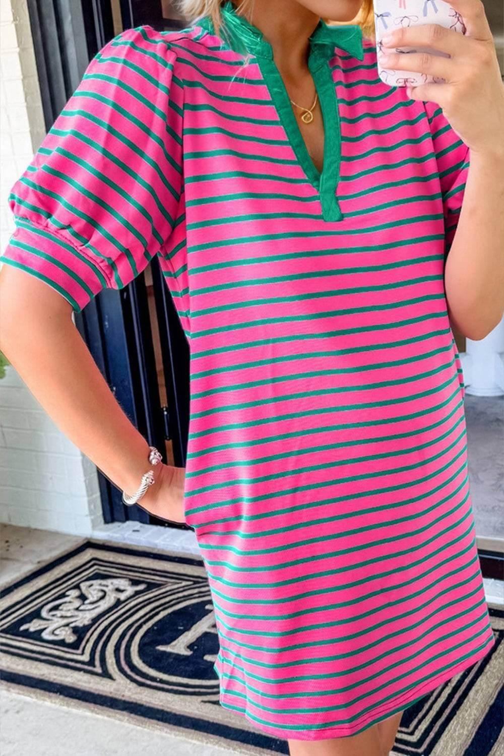 Oh Striped Johnny Collar Puff Sleeve Mini Tee Dress - Clothes For Her Online Store