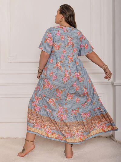 Plus Size Printed Tie Neck Flutter Sleeve Maxi Dress - Clothes For Her Online Store