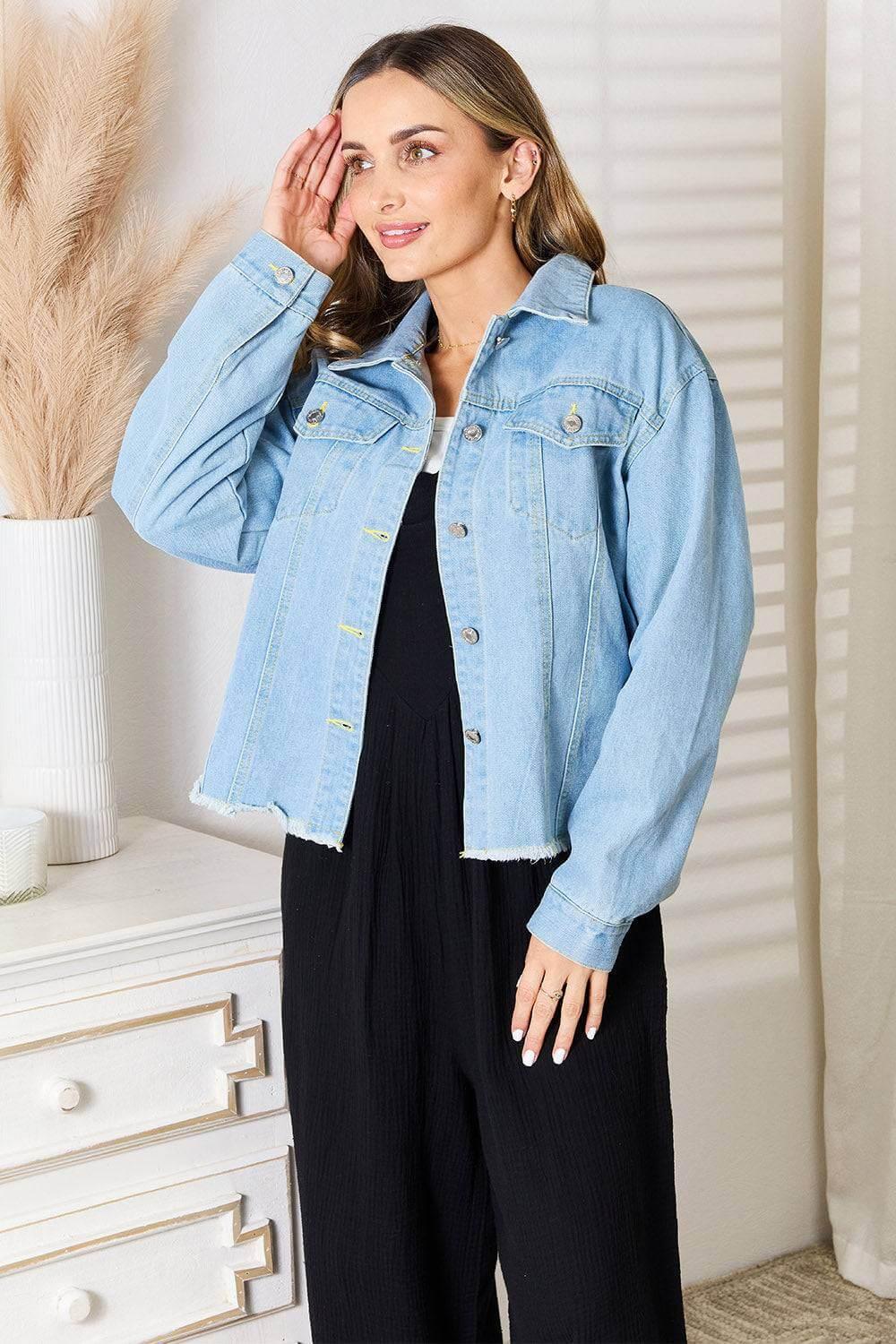 Double Take Dropped Shoulder Raw Hem Denim Jacket - Clothes For Her Online Store
