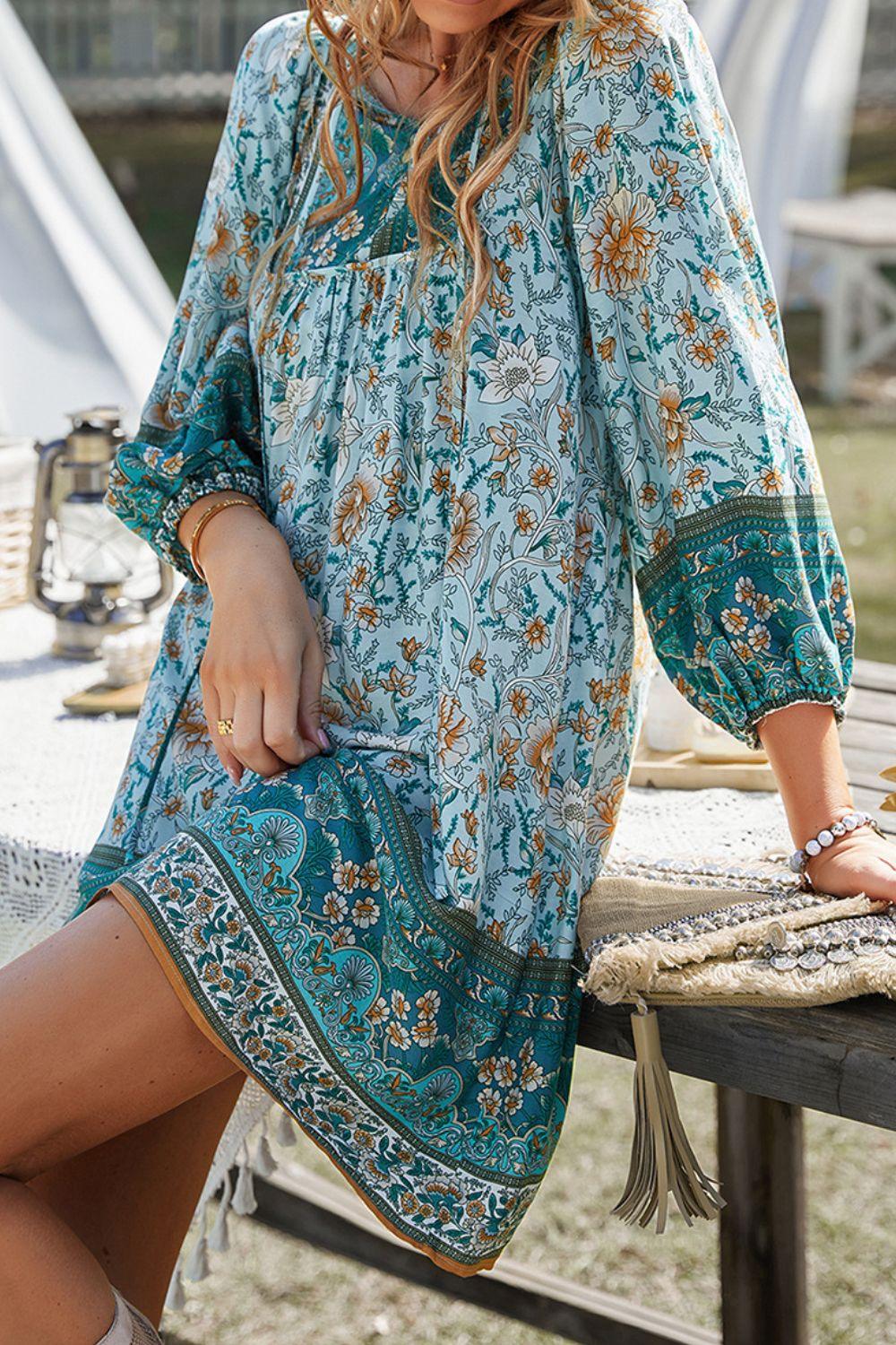 Devine Printed Tie Neck Mini Dress - Clothes For Her Online Store