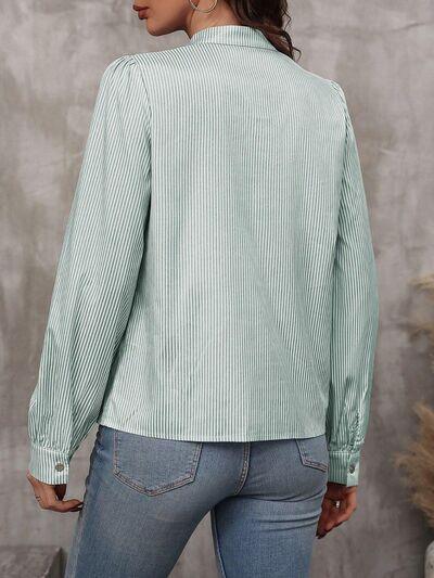 Striped Tie Neck Long Sleeve Shirt - Clothes For Her Online Store