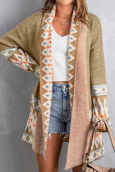Geometric Open Front Long Sleeve Cardigan - Clothes For Her Online Store