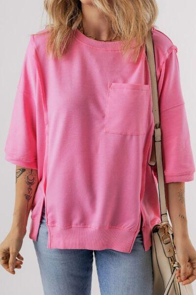 Exposed Seam Side Slit Round Neck Top - Clothes For Her Online Store
