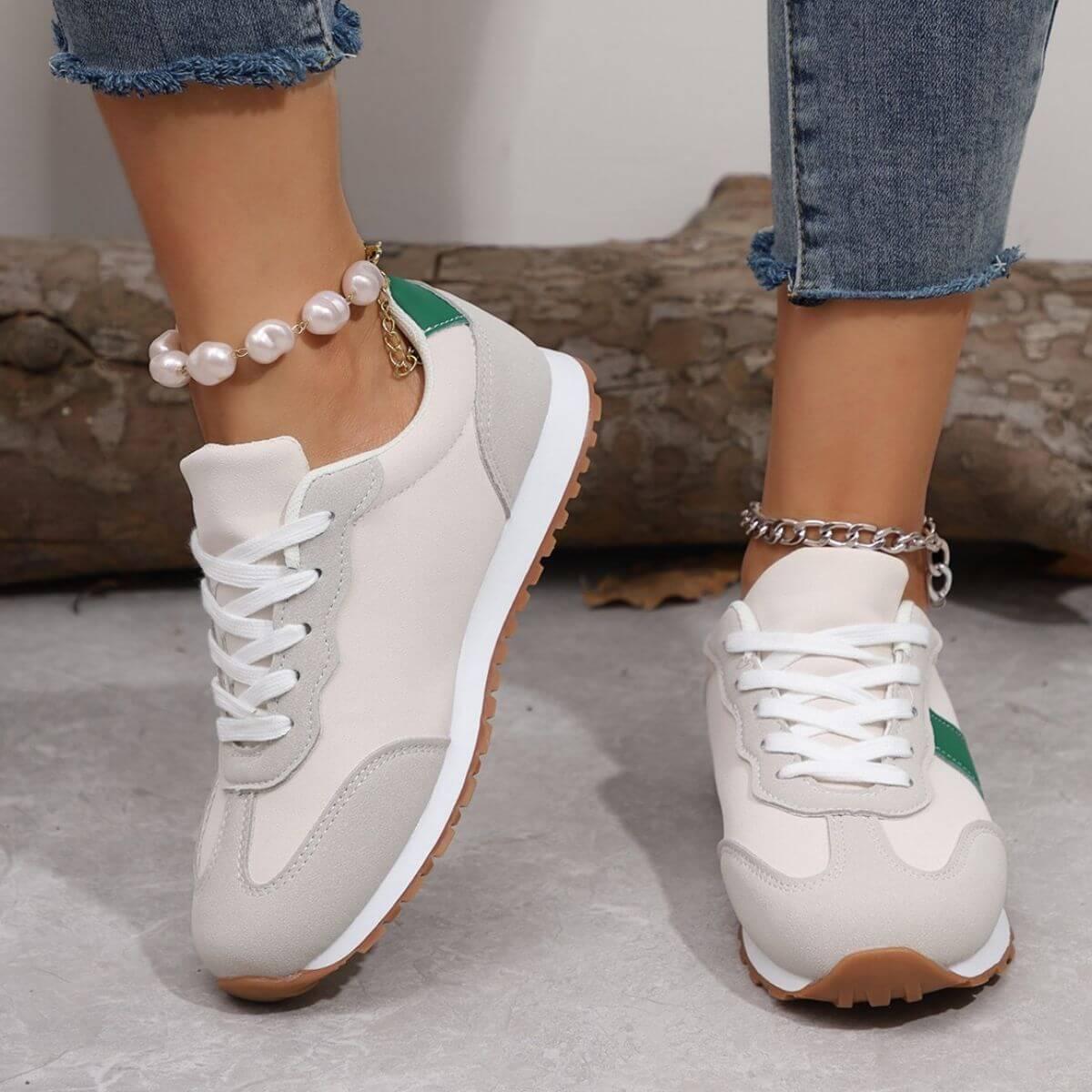 PU Leather Contrast Round Toe Flats Sneakers - Clothes For Her Online Store
