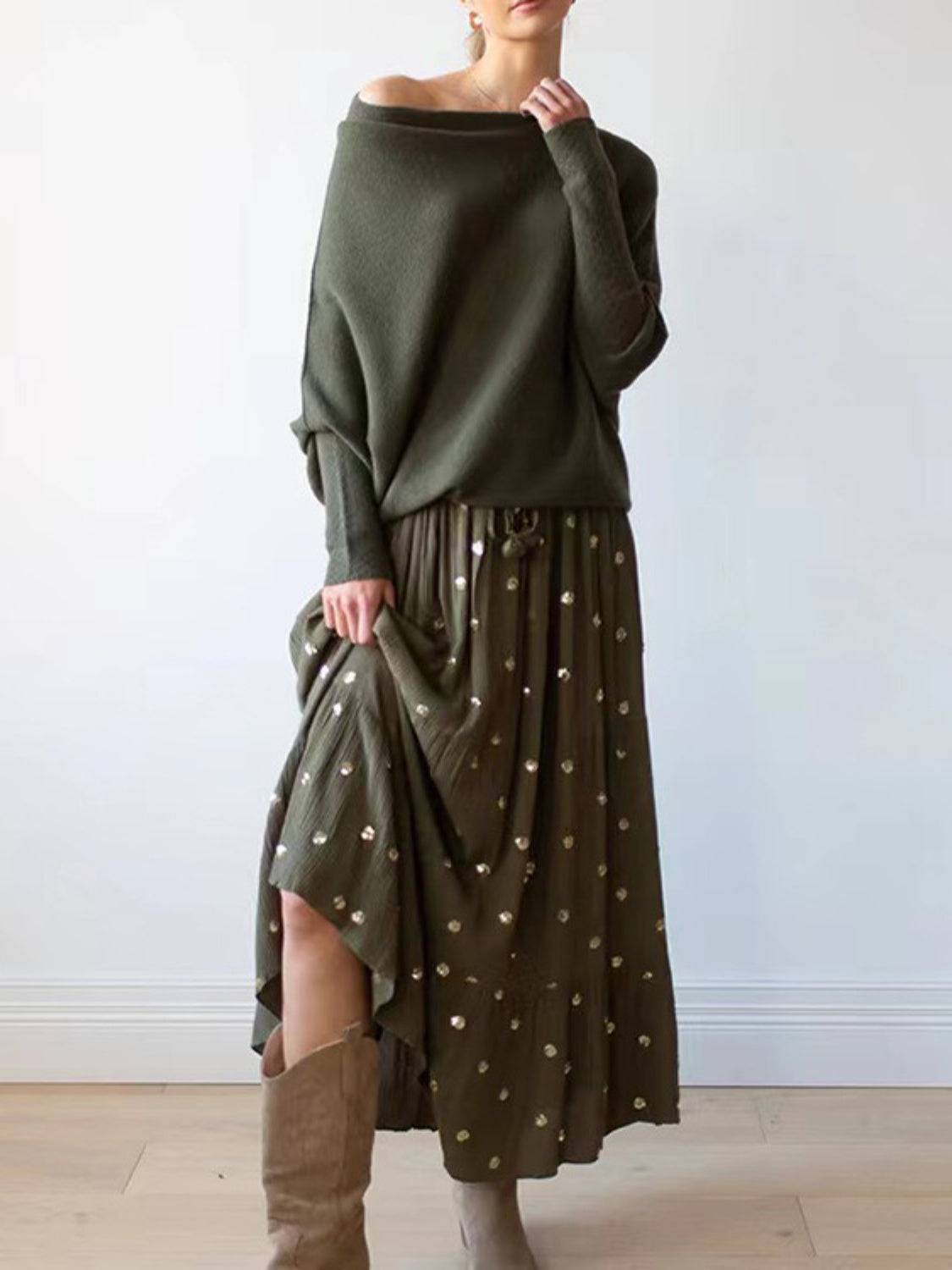 Full Size Boat Neck Batwing Sleeve Knit Top - Clothes For Her Online Store