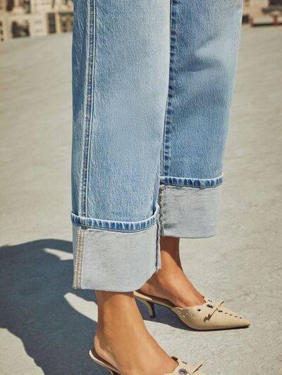 High Waisted Straight Leg Rolled Jeans - Clothes For Her Online Store