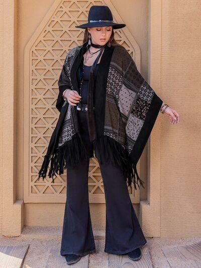 Plus Size Printed Fringe Open Front Outerwear - Clothes For Her Online Store