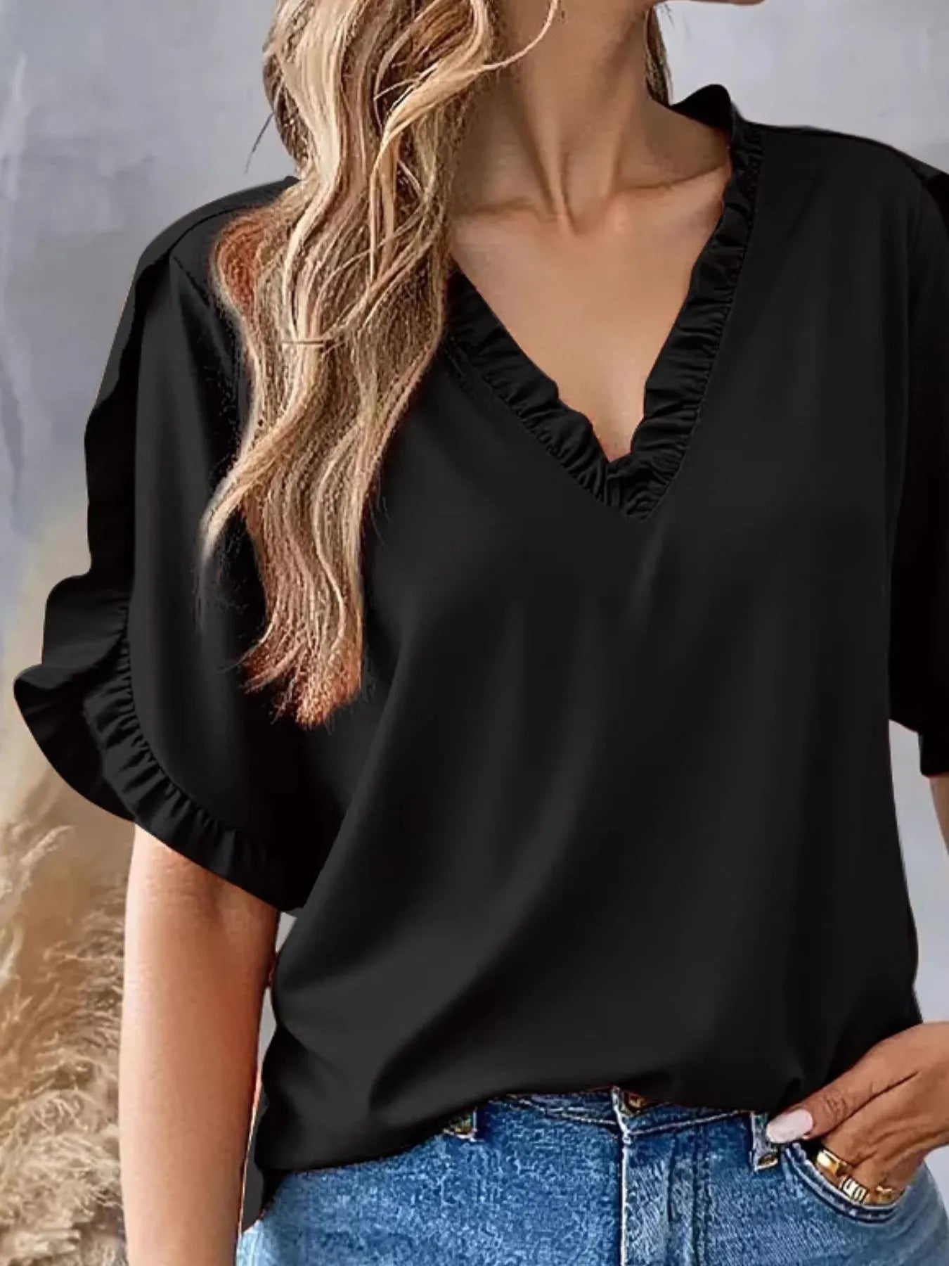 Ruffled V-Neck Short Sleeve Blouse