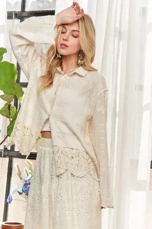 ADORA Crochet Lace Long Sleeves Button Down Shirt - Clothes For Her Online Store