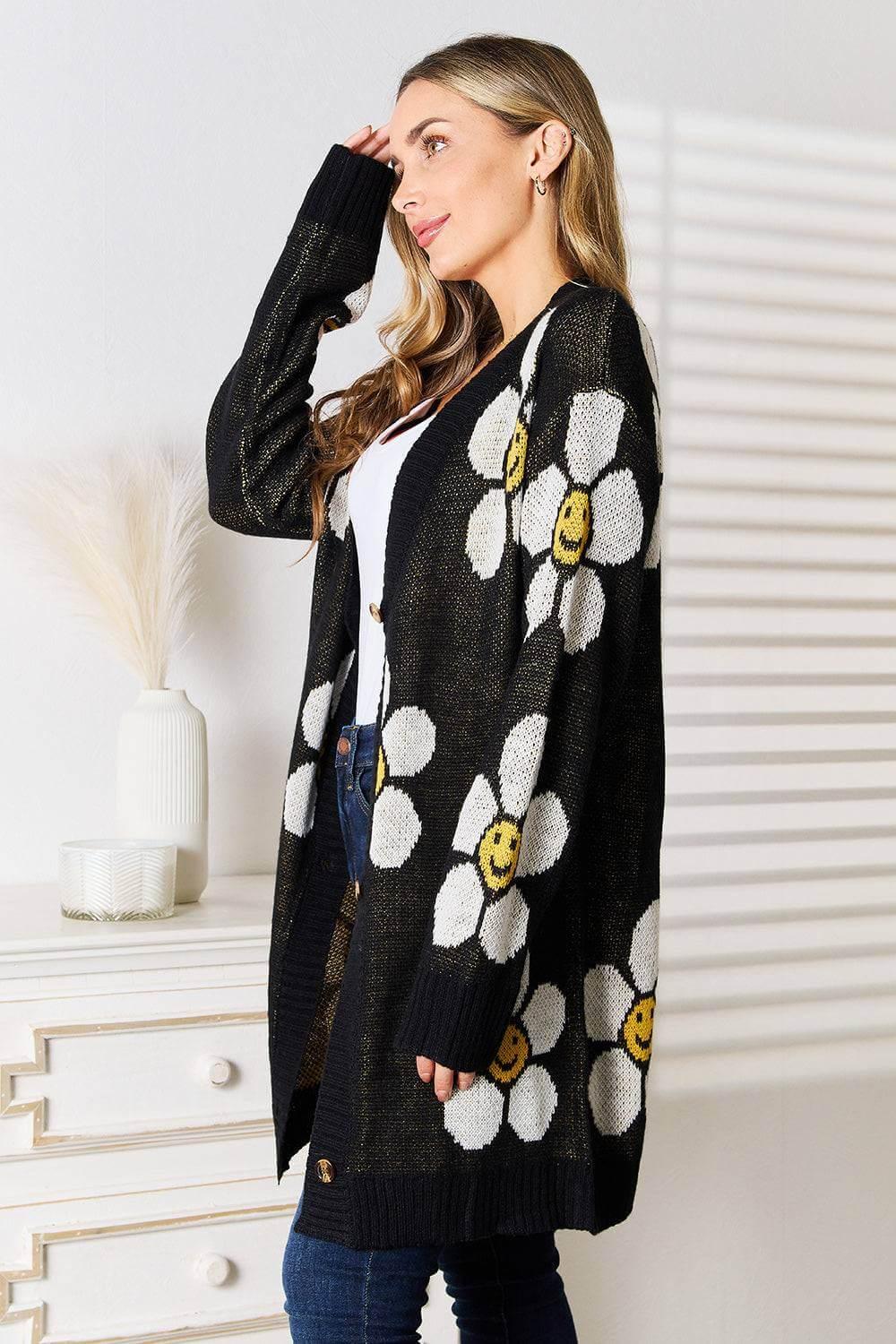 Perfee Floral Button Down Longline Cardigan - Clothes For Her Online Store