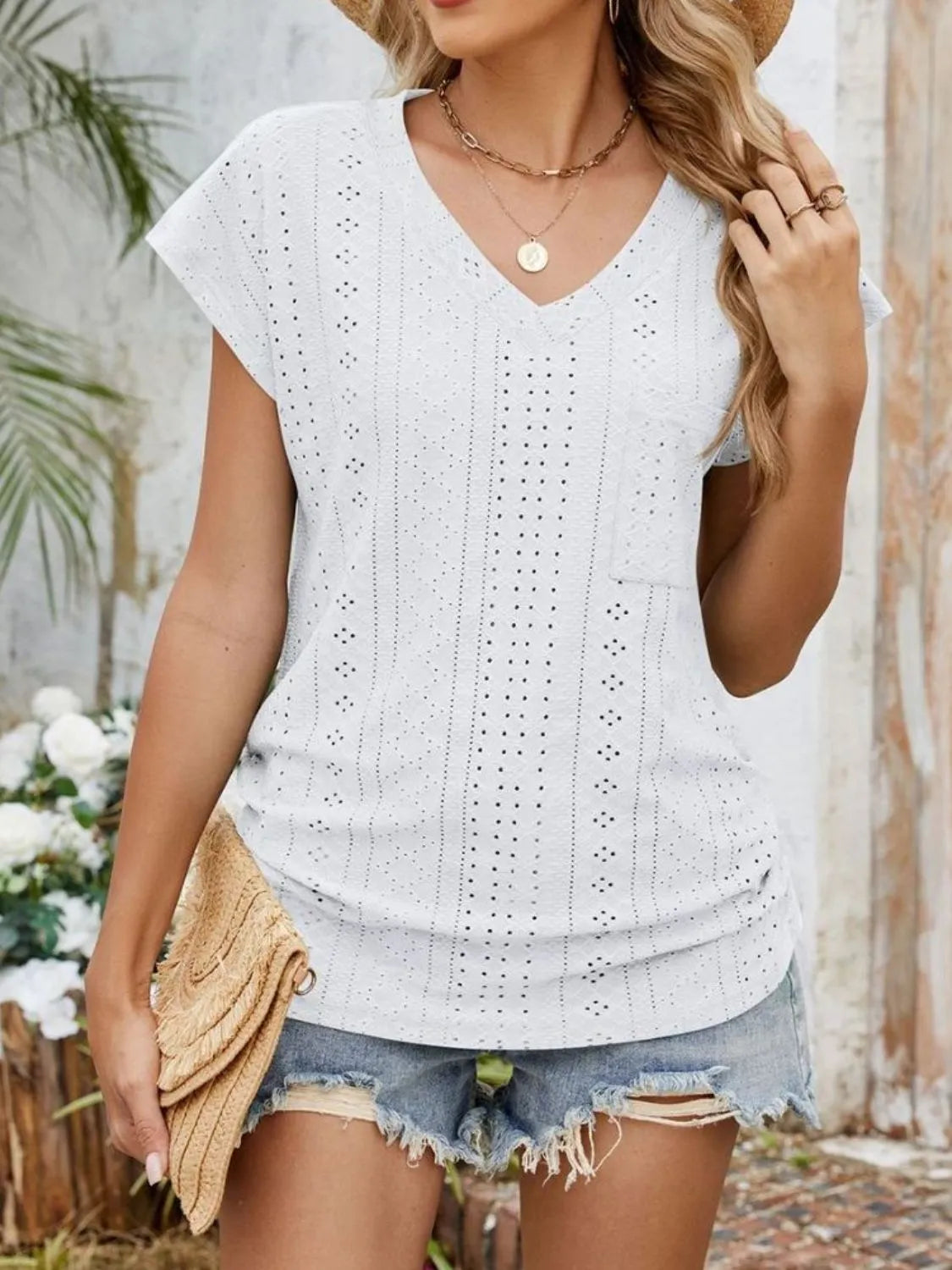 Eyelet V-Neck Short Sleeve Top - Clothes For Her Online Store