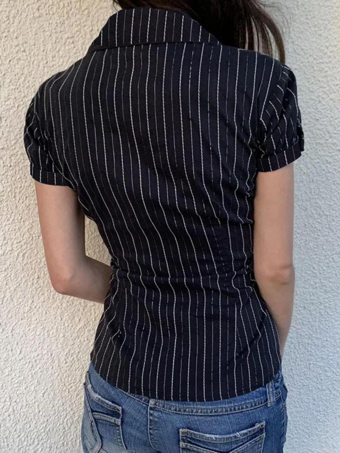 Devine Button Down Striped Collared Neck Short Sleeve Shirt - Clothes For Her Online Store