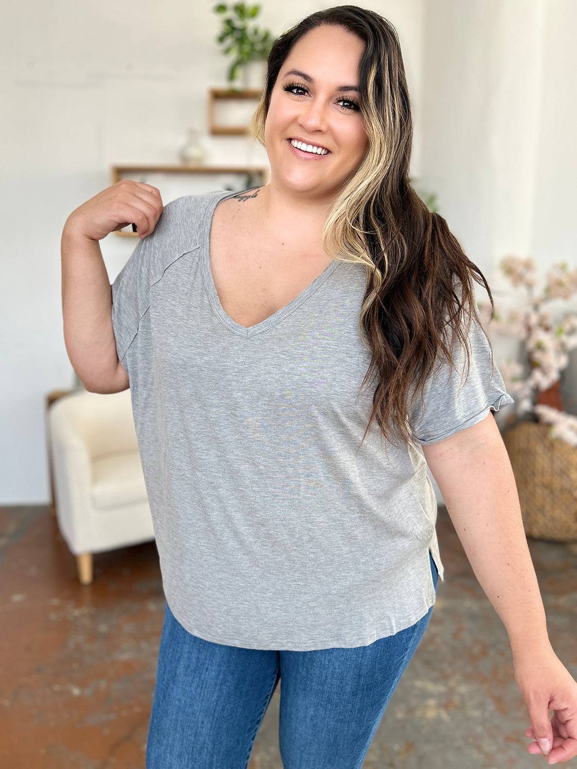 Basic Bae Full Size Bamboo Slit V-Neck Short Sleeve T-Shirt - Clothes For Her Online Store
