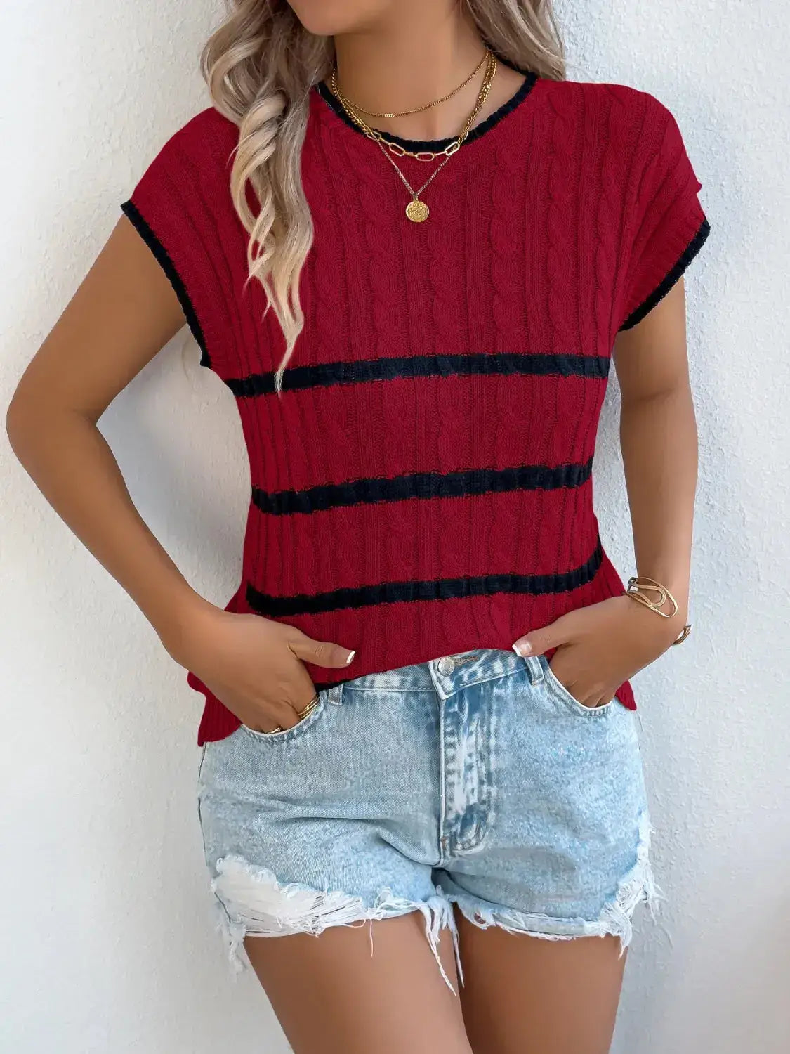 Cable-Knit Striped Round Neck Knit Top - Clothes For Her Online Store
