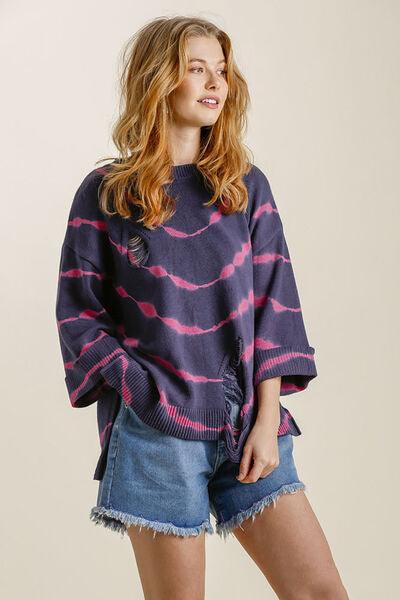 Umgee Full Size Tie Dye Side Slit Round Neck Distressed Detail Sweater Plus Size - Clothes For Her Online Store
