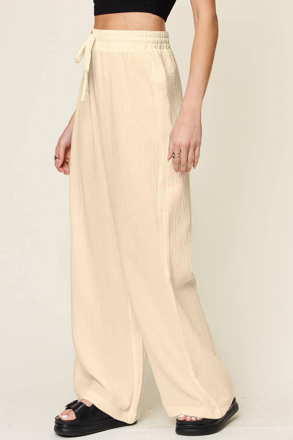 Double Take Full Size Texture Drawstring Wide Leg Pants - Clothes For Her Online Store