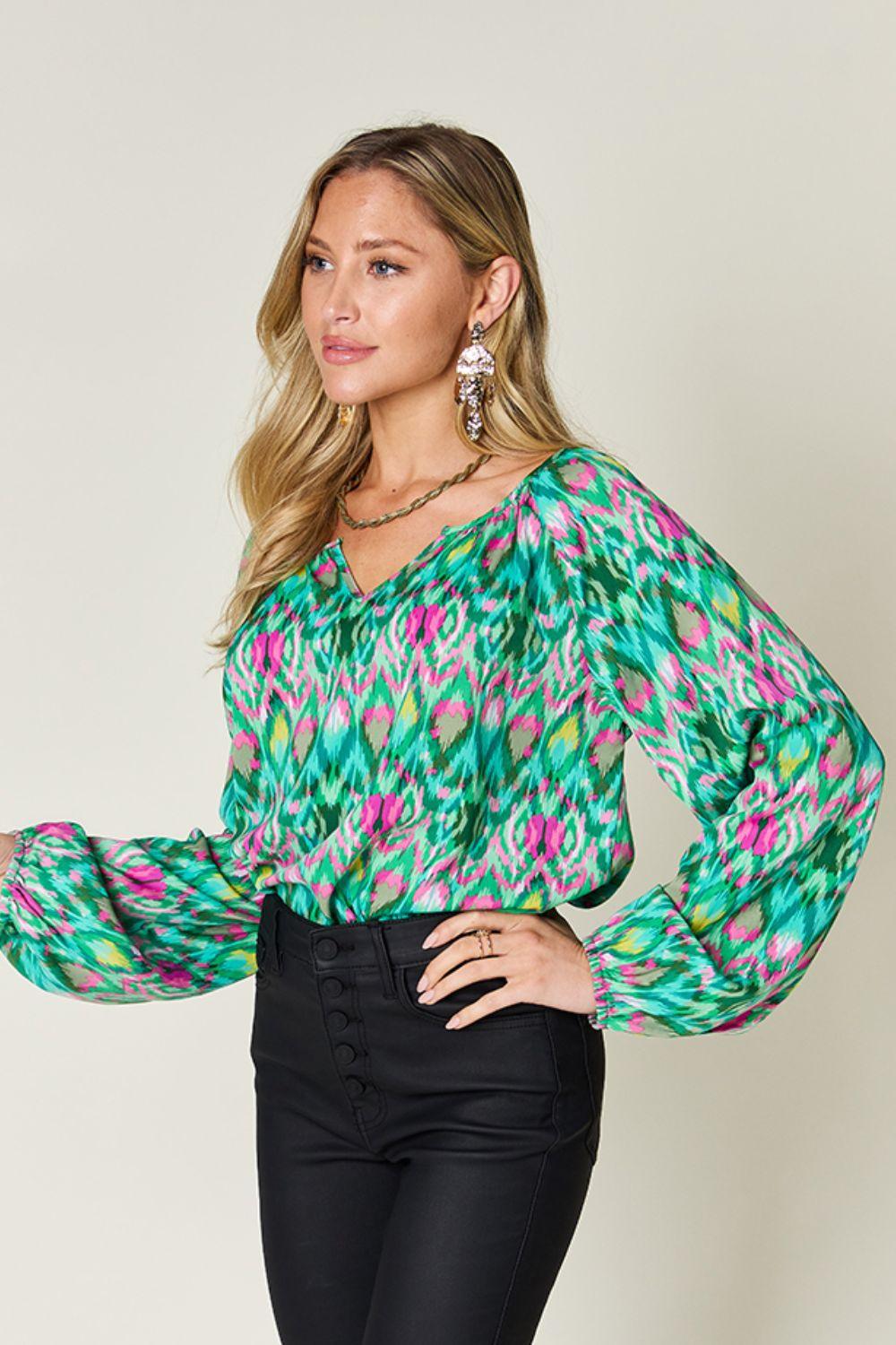 Double Take Full Size Printed Balloon Sleeve Blouse - Clothes For Her Online Store