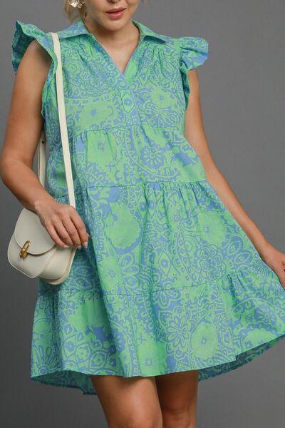 Umgee Full Size Printed Ruffle Cap Sleeve Babydoll Dress Plus Size - Clothes For Her Online Store