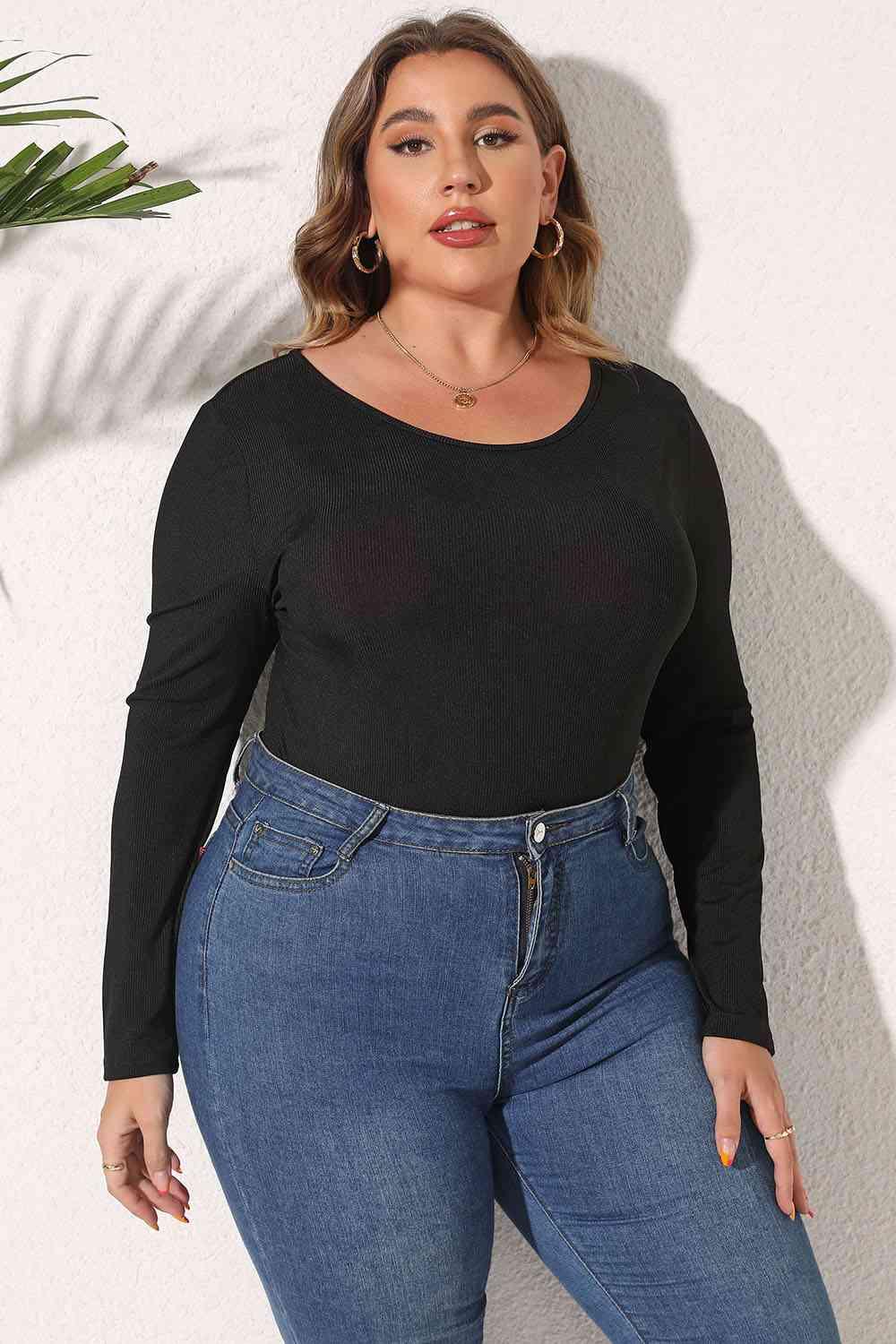 Plus Size Round Neck Long Sleeve Bodysuit - Clothes For Her Online Store