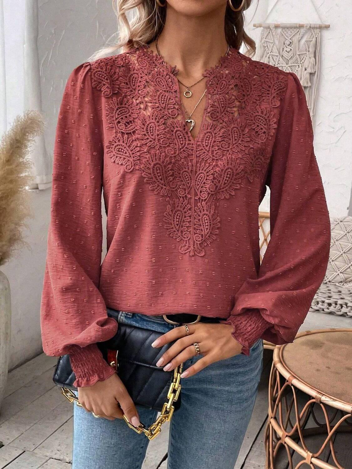Swiss Dot Lace Detail Notched Long Sleeve Blouse - Clothes For Her Online Store