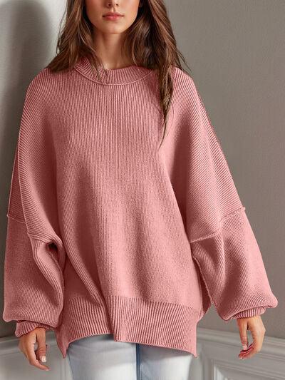 Double Take Side Slit Round Neck Long Sleeve Sweater - Clothes For Her Online Store