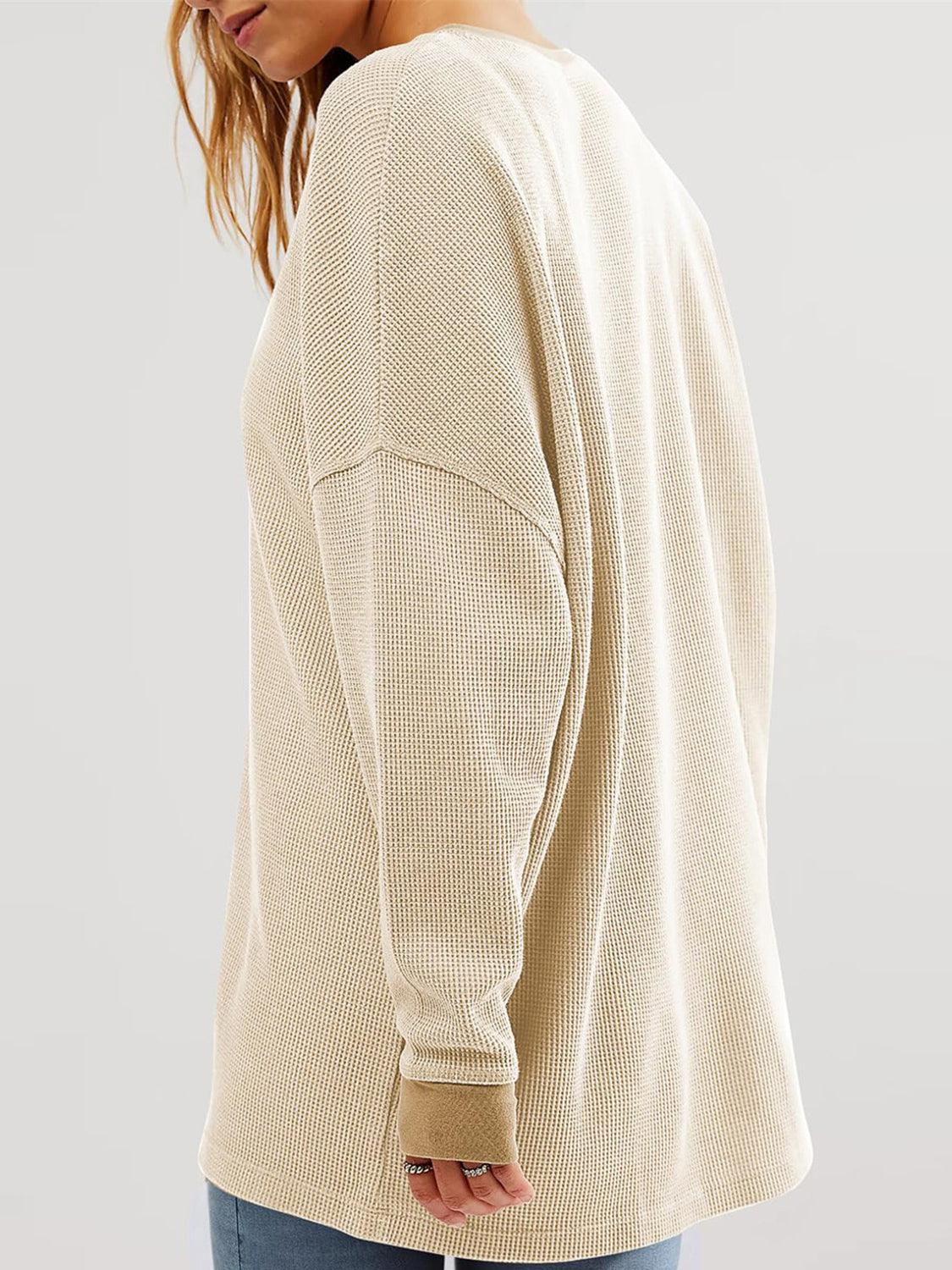 Waffle Knit Round Neck Long Sleeve T-Shirt - Clothes For Her Online Store
