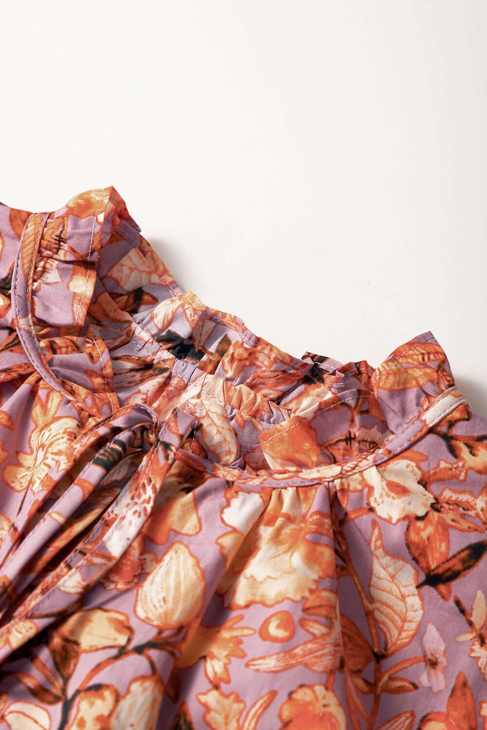 Floral Ruffled Layered Short Sleeve Tie Neck Blouse - Clothes For Her Online Store