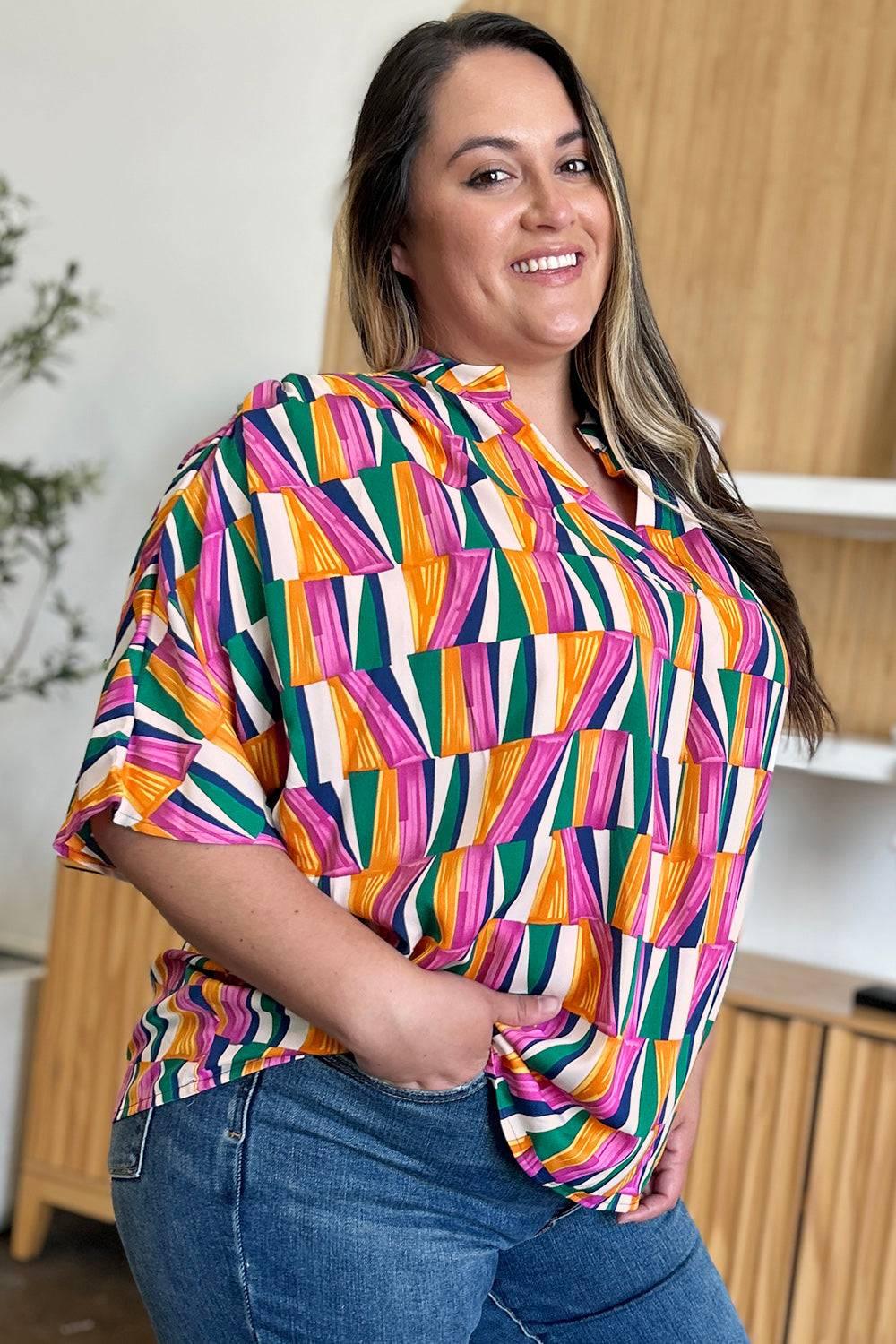 Double Take Full Size Geometric Notched Dolman Sleeve Top - Clothes For Her Online Store