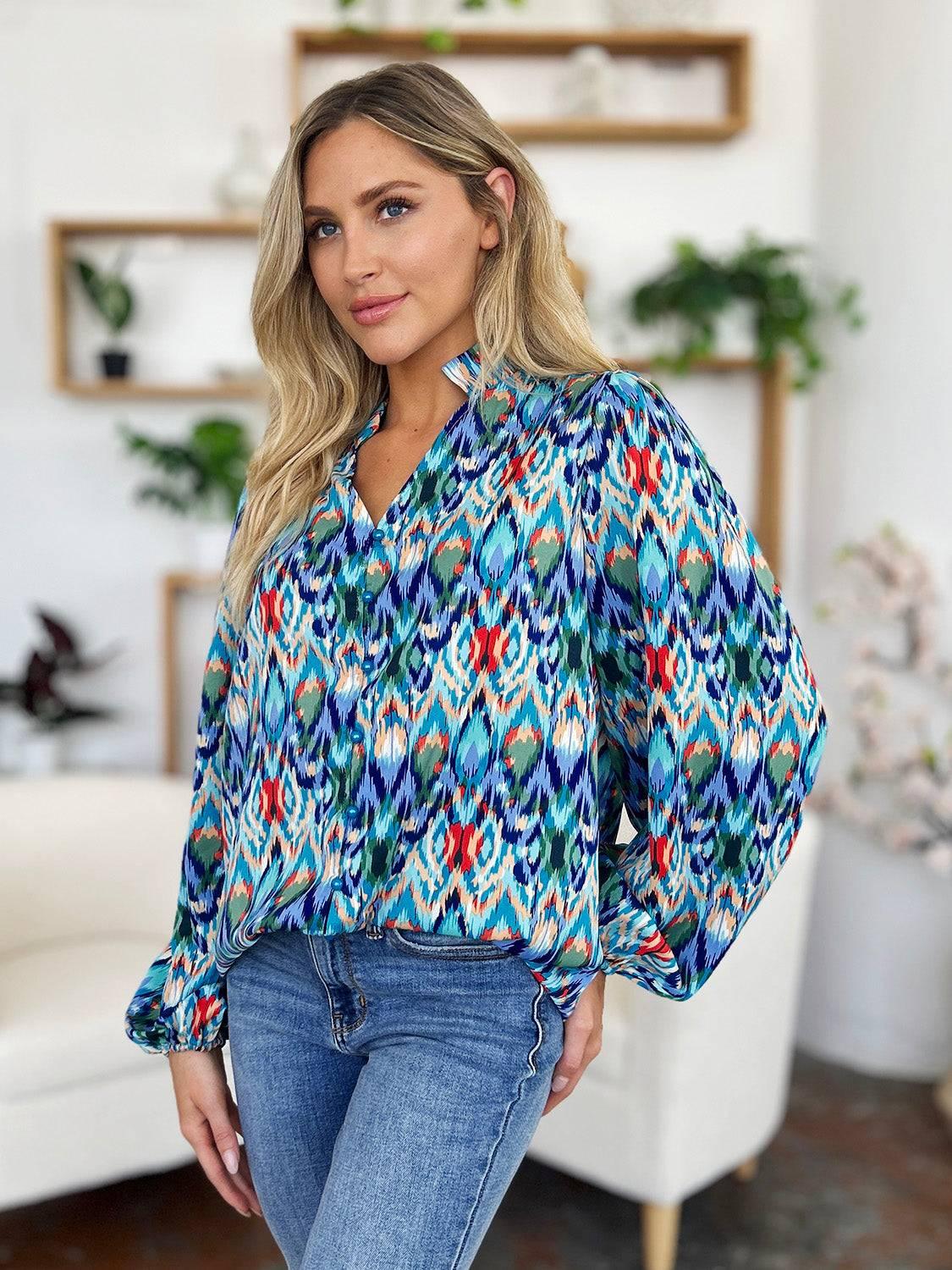 Double Take Full Size Printed Balloon Sleeve Blouse - Clothes For Her Online Store