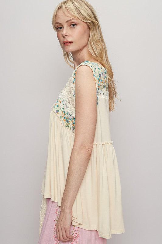 POL Lace Detail Frill Floral V-Neck Sleeveless Top - Clothes For Her Online Store