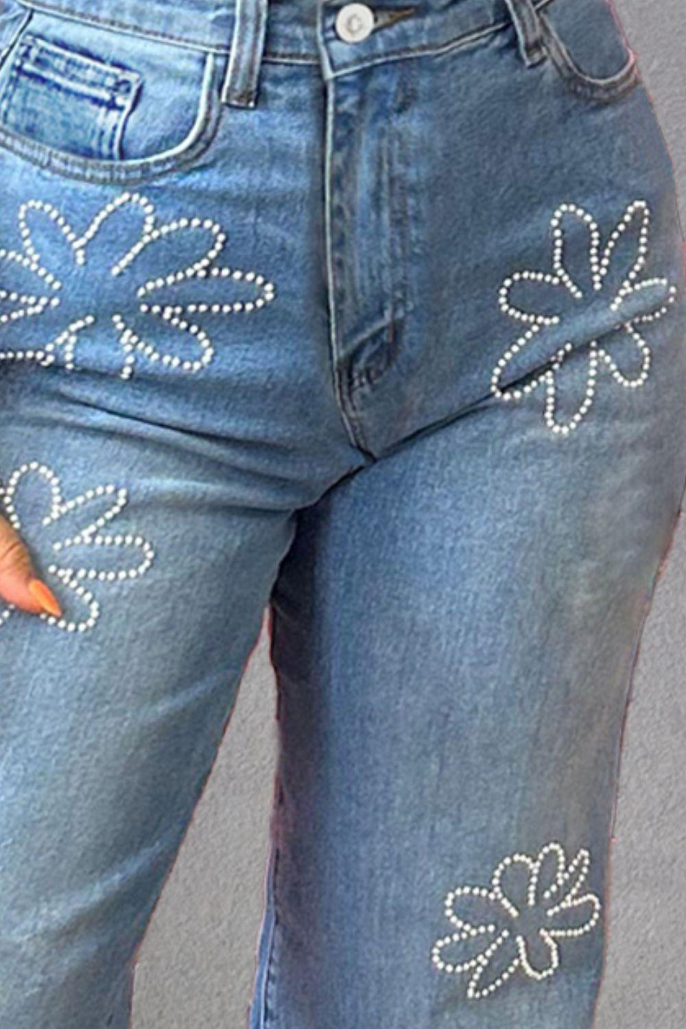 Rhinestone Straight Jeans with Pockets - Clothes For Her Online Store