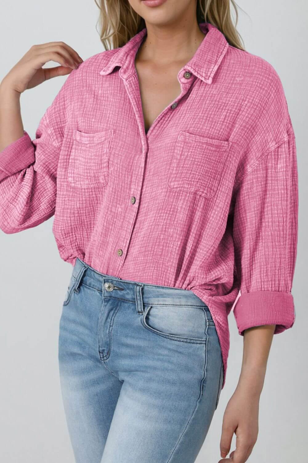 Button Down Collared Neck Long Sleeve Shirt - Clothes For Her Online Store
